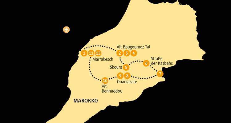 Karte mit einer Reiseroute durch Marokko mit markierten wichtigen Orten.