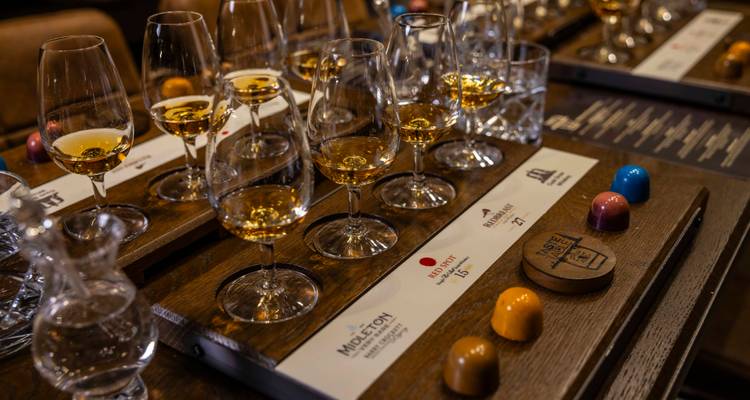 Vasos de whiskey preparados para una sesión de degustación.