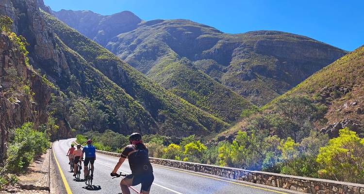 Les cyclistes gravissent un col de montagne pittoresque flanqué de versants verts et escarpés.