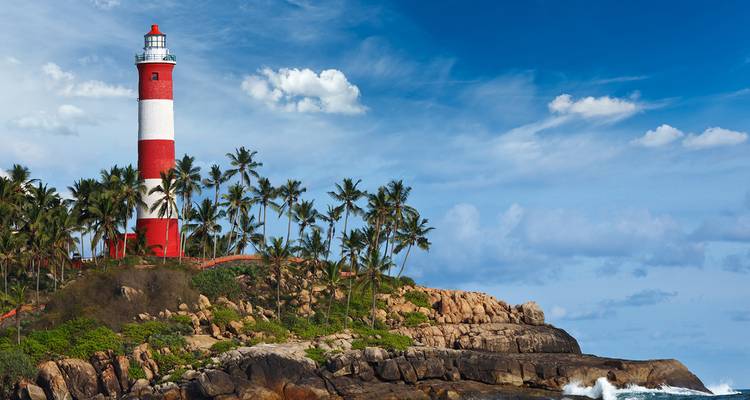 Faro rodeado de palmeras en una orilla rocosa.