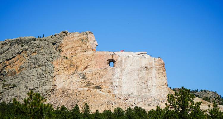 Une grande sculpture rupestre sous un ciel bleu éclatant, entourée d'arbres à feuilles persistantes.