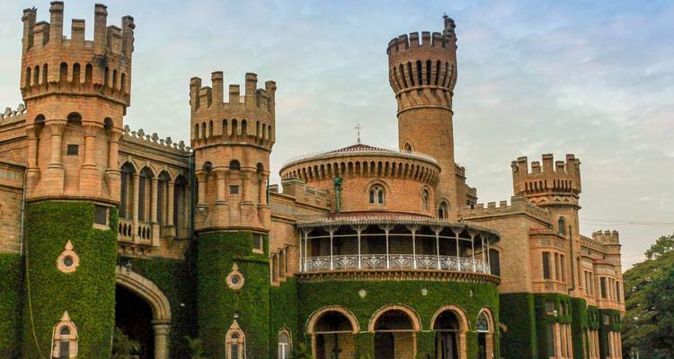 Château avec des tourelles et des murs couverts de lierre.
