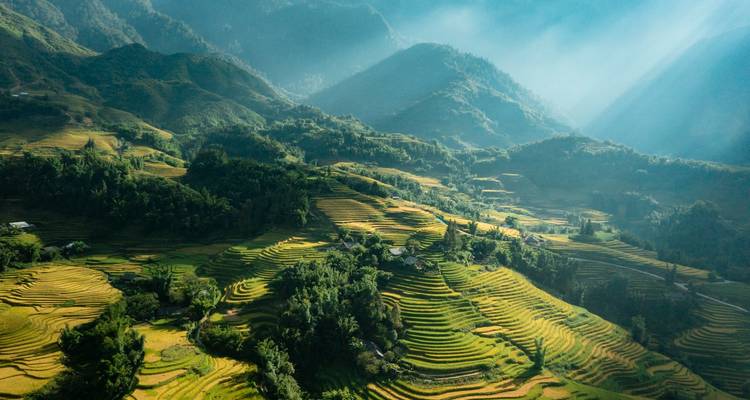 Campos en terrazas con luz solar filtrándose entre las nubes.