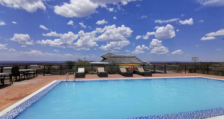 Piscine avec transats donnant sur la savane.