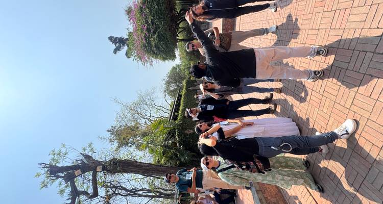 Reiseführer zeigt einer Gruppe von Touristen Sehenswürdigkeiten.