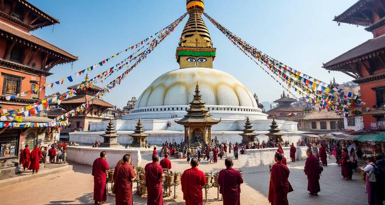 Stupa mit Gebetsfahnen und Mönchen in traditionellen Roben.