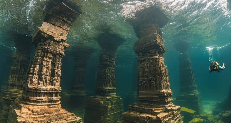 Ruinas submarinas con un buceador explorando antiguas columnas sumergidas.