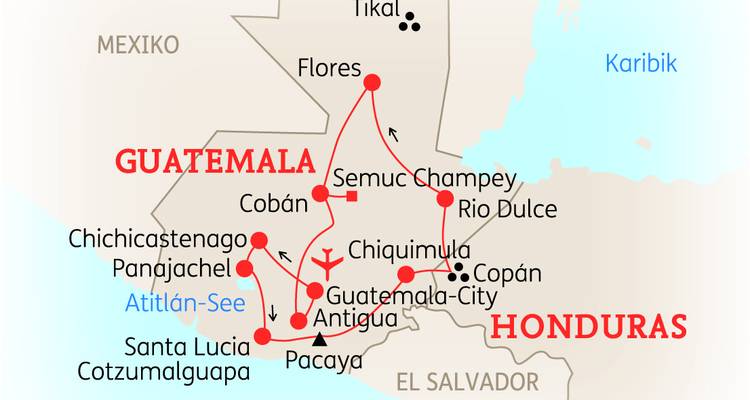 Karte einer Reiseroute durch Guatemala und Honduras mit markierten Strecken.