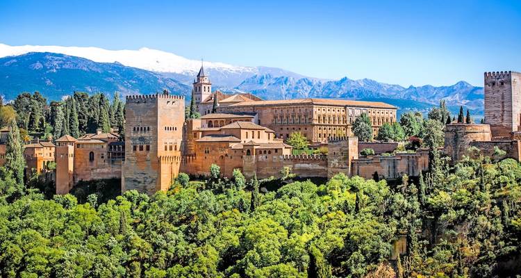 Vista de la Alhambra con montañas y vegetación.