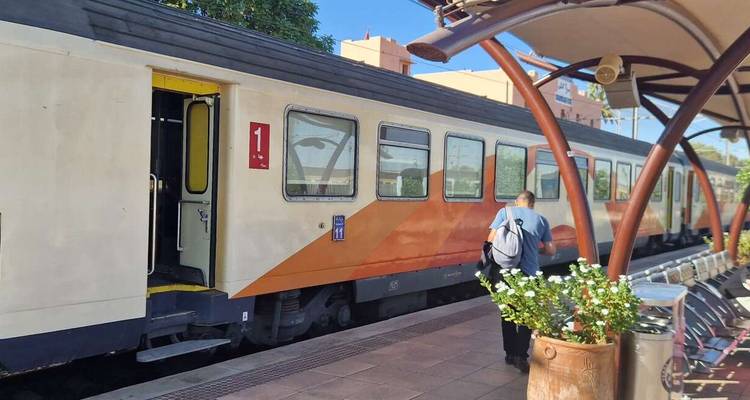 Tren en una estación con una persona caminando en el andén.