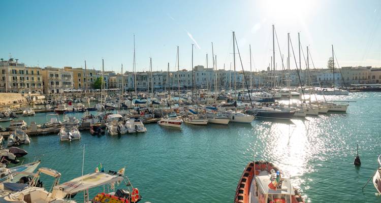 Marina ensoleillée remplie de voiliers et de bâtiments colorés en bord de mer se reflétant dans l'eau.