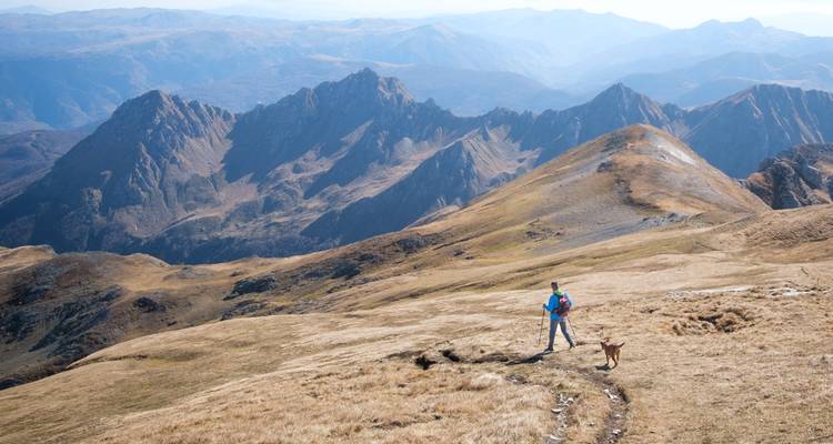 Personne faisant de la randonnée avec un chien dans une région montagneuse.