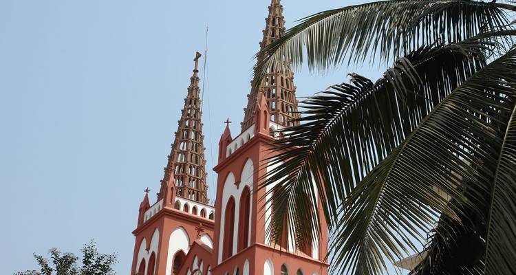 Twin red-and-white church spires framed by the frond of a tall palm tree under a clear sky.