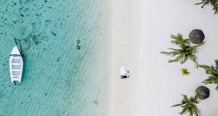 Luchtfoto van een strand met een boot en palmbomen.