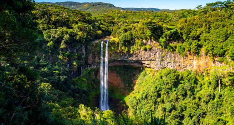 Majestueuze waterval omringd door weelderig groen bos.