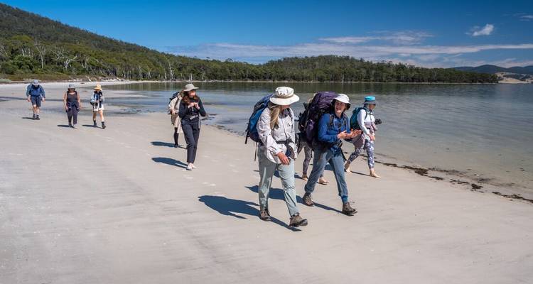 Des randonneurs marchent le long d'une plage.