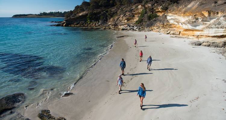 Groupe de personnes marchant le long d'une plage de sable immaculée aux eaux bleues.