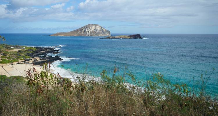 Vue panoramique de l'océan avec une île, un ciel bleu et un littoral rocheux.