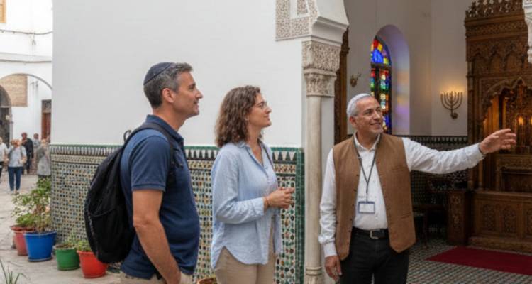 Trois personnes écoutant un guide dans un lieu architectural.