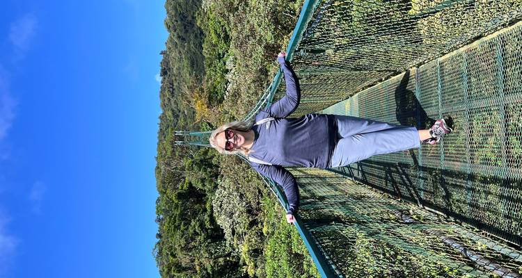 Personne debout sur un pont métallique dans une forêt luxuriante.