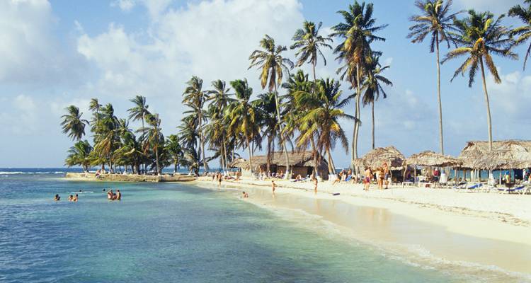 Plage tropicale avec des palmiers et des gens qui profitent de l'eau.