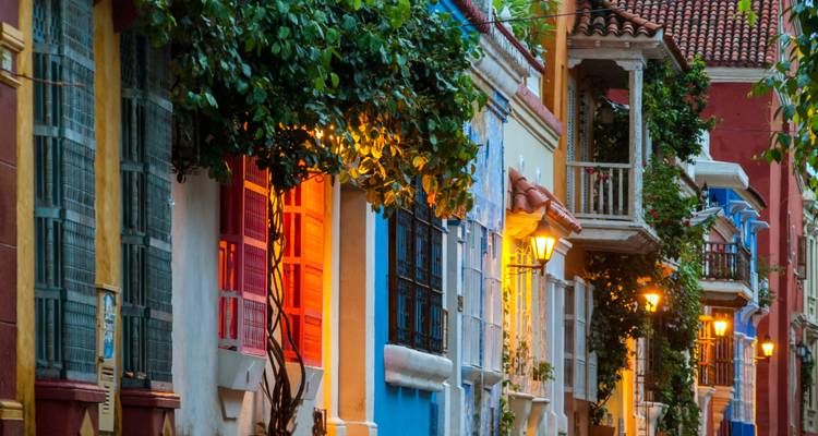 Bâtiments colorés de style colonial dans une rue avec une végétation luxuriante.