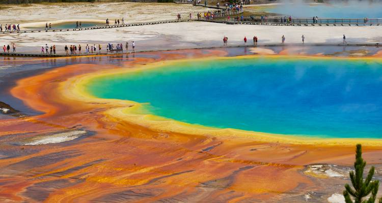 View of a large vibrant hot spring with boardwalk and visitors.