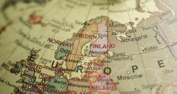 Kaart die delen van Noord-Europa toont, waaronder Zweden, Finland en andere landen.