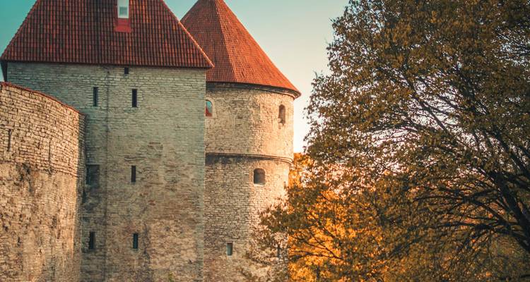 Twee middeleeuwse torens in Tallinn omgeven door herfstkleuren.