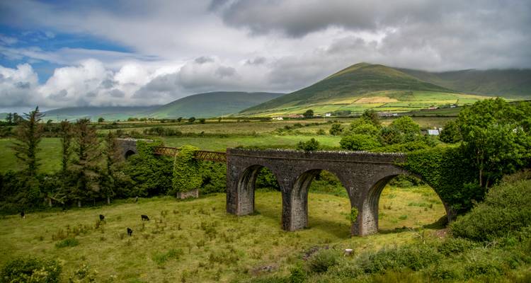 Een landelijk landschap met een viaduct en een bergachtergrond.