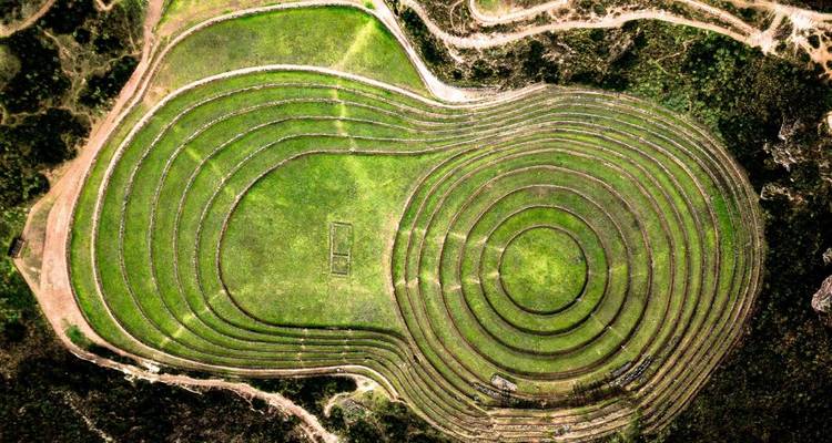 Vue aérienne des terrasses agricoles de Moray au Pérou.