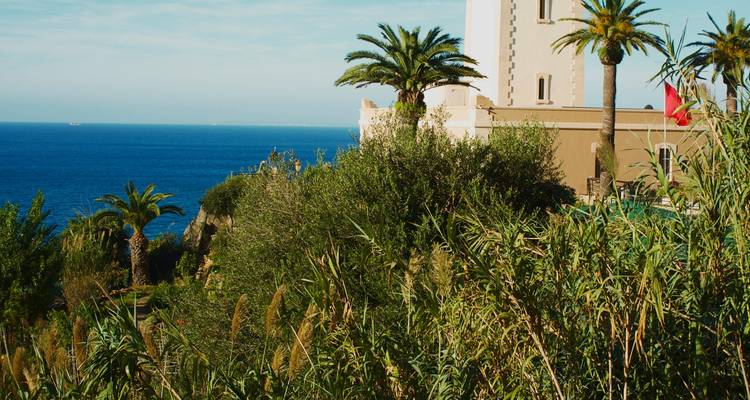 Küstenansicht mit Grün und Ozean, marokkanische Architektur in der Ferne.