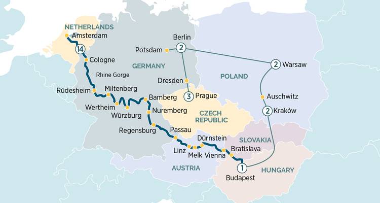 Routenkarte einer Mitteleuropa-Tour von Budapest nach Amsterdam.