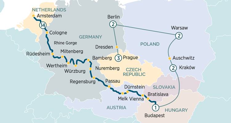 Tourenkarte durch Polen, Tschechien, Deutschland und darüber hinaus mit Endpunkt Amsterdam.