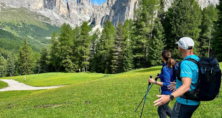 Twee wandelaars lopen over een weide vol wilde bloemen naar een dicht alpenboswoud en uitstekende rotswanden.