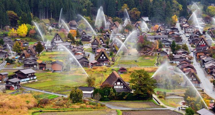 Village traditionnel avec maisons au toit de chaume et forêt.