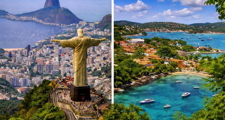 Imagen compuesta del Cristo Redentor y vista costera.