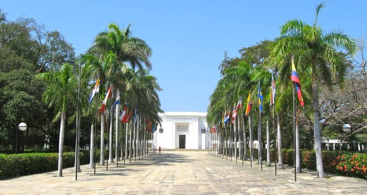 Allée bordée de palmiers avec des drapeaux internationaux menant à un bâtiment néoclassique blanc à Santa Marta.