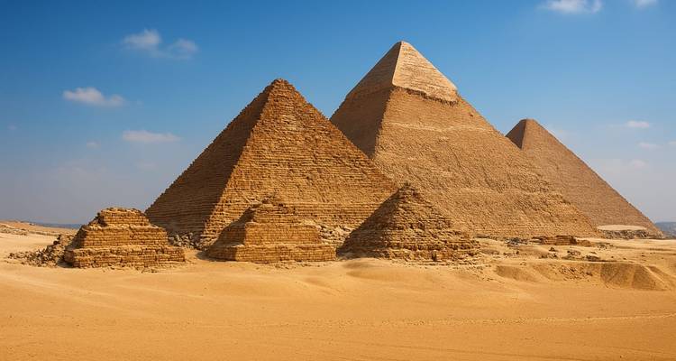 De piramides van Giza onder een heldere blauwe hemel.