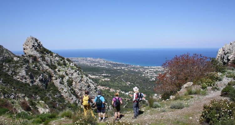 Group of hikers overlooking a bay and mountains.