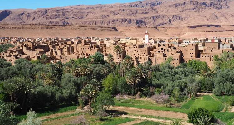 Vue panoramique d'une ville oasis traditionnelle en briques de terre avec palmeraies et montagnes arides en arrière-plan.