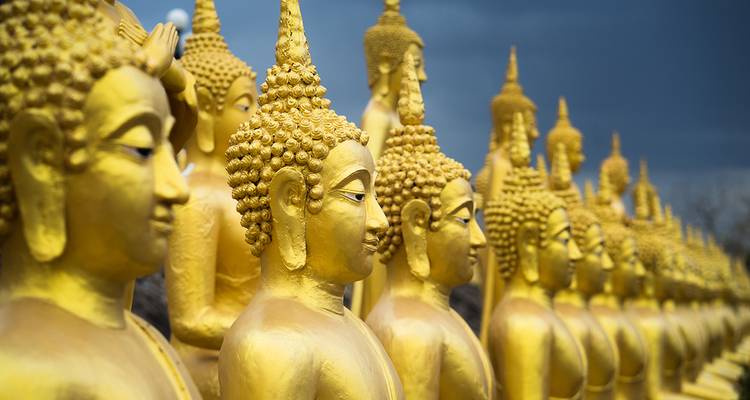 Reihe goldener Buddha-Statuen vor einem bewölkten Himmel.