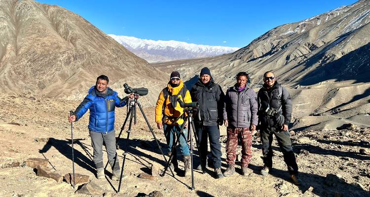 Grupo de observadores de vida silvestre con trípodes posando en una meseta rocosa contra los Himalayas cubiertos de nieve.