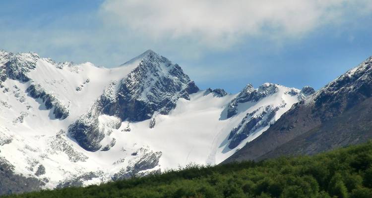 Pics montagneux enneigés et pointus s'élevant au-dessus de la ligne de forêt verte sous un ciel bleu près d'Ushuaia
