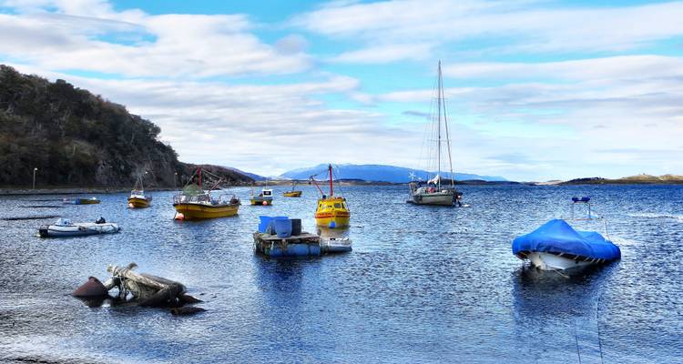 Plusieurs petits bateaux et yachts ancrés dans une baie bleue abritée encadrée par de basses collines boisées.