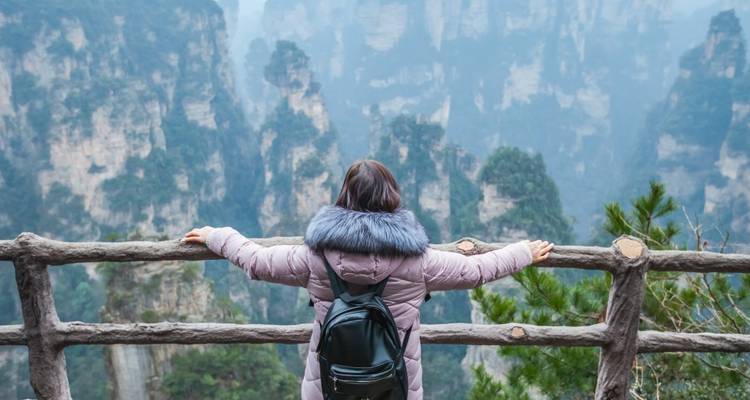 Personne regardant par-dessus une rambarde vers une région montagneuse.