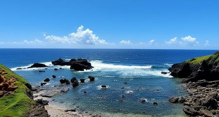 Côte rocheuse avec des vagues qui se brisent sous un ciel bleu éclatant.