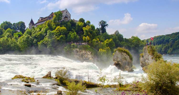 Puissantes chutes du Rhin s'écrasant sur les rochers sous un château perché sur une colline par une journée ensoleillée.