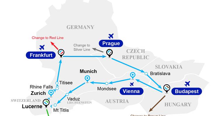 Carte d'itinéraire touristique illustrée reliant Francfort, Munich, Prague, Vienne, Budapest et d'autres villes à travers l'Europe centrale.