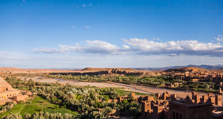 Vista amplia de la vegetación del oasis y las kasbahs de adobe extendidas a lo largo de un valle con río en el desierto.